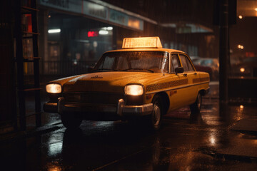 A yellow and white taxi cab in front of a market on a rainy night.