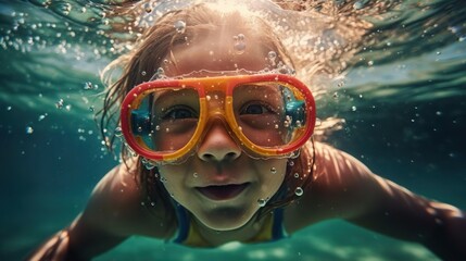 Cute girl having fun underwater in the pool with swimming goggles. Summer holiday vacation. Little kid diving into water. Children water sport.