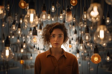 Woman in room full of light bulbs