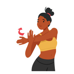 Graceful Woman Performing Shoulder And Hand Stretches. Fit Female Character Promoting Flexibility And Relaxation