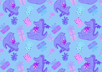 New year dragon seamless cartoon Christmas dinosaur pattern for wrapping paper and kids clothes print