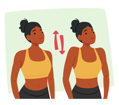 Woman Character Performing Neck And Shoulder Exercises, Stretching And Shrugging her Shoulders Up and Down