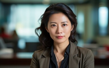 Fototapeta premium With a pleasant expression, an Asian businesswoman is seen at her office desk.