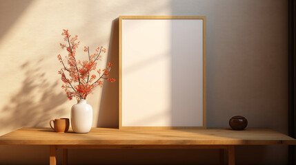 Blank Vertical Photo Poster Frame on Beige Wall in Minimal Japanese Dining Room in Sunlight on Wooden Table, Bouquet in Vase, Brown Shoji Door for Asian Art, Mural, Painting Template Background 3D