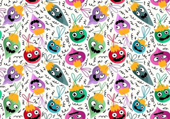 Naklejka premium Christmas tree balls seamless cartoon monsters with face pattern for fabrics and wrapping paper and kids print