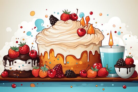 A birthday cake with a candle and a glass of milk. Digital image. Birthday card.