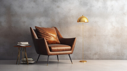 
Brown cushion retro chair with gold steel leg, wooden top side table, books, cake and glass of coffee in clean, blank polished cement wall, floor room for loft interior design product