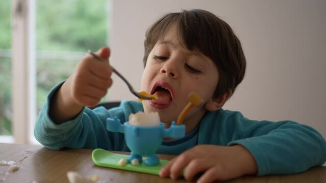 Child eating soft boiled egg for breakfast with spoon. 4 year old little boy eating by himself, close-up face absorbed in healthy snack, oeuf a la coque