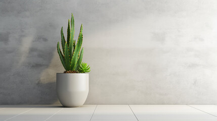 
Clean, blank polished cement wall with green tall mandacaru cactus in round white pot on cement floor in sunlight for loft interior design decoration, appliance, furniture produc