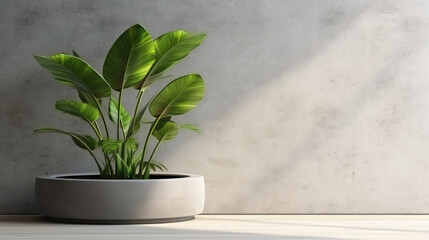 Clean, Blank Polished Cement Wall With Tropical Dracaena Tree in Round Black Pot Gold Stand on Cement Floor in Sunlight for Loft Interior Design Decoration, Appliance, Furniture Product Background 3D