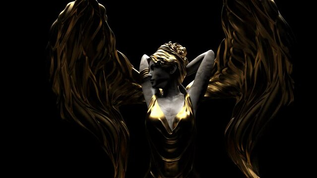 3d render video of dark shaded greek or roman style golden female angel guardian statue with wings and dress on black background turning around.