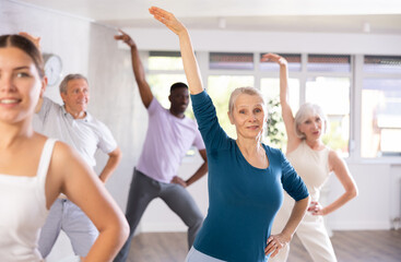 Smiling senior woman visiting group choreography class with adult people of different ages,...