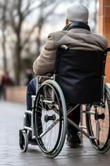 Fototapeta premium back view. a man is sitting in a wheelchair. support and assistance to a disabled person, a person with disabilities