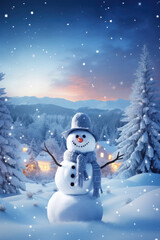 Snowman in a hat on a blue background. night, lights and magic. christmas and new year, winter. fairy forest.