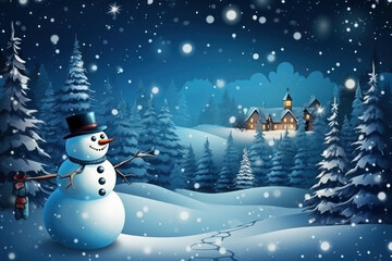 Obraz premium Snowman in a hat on a blue background. night, lights and magic. christmas and new year, winter. fairy forest.