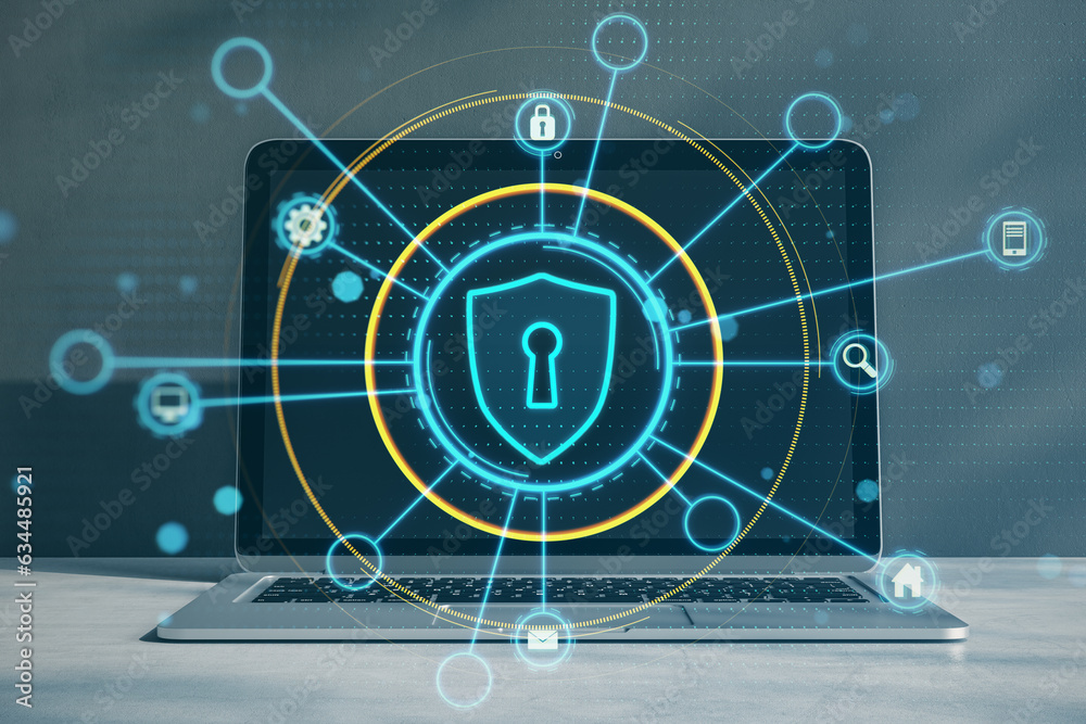 Poster Close up of laptop on desk with glowing padlock screen hologram on blurry background. Digital safety and secure web search concept. Double exposure.