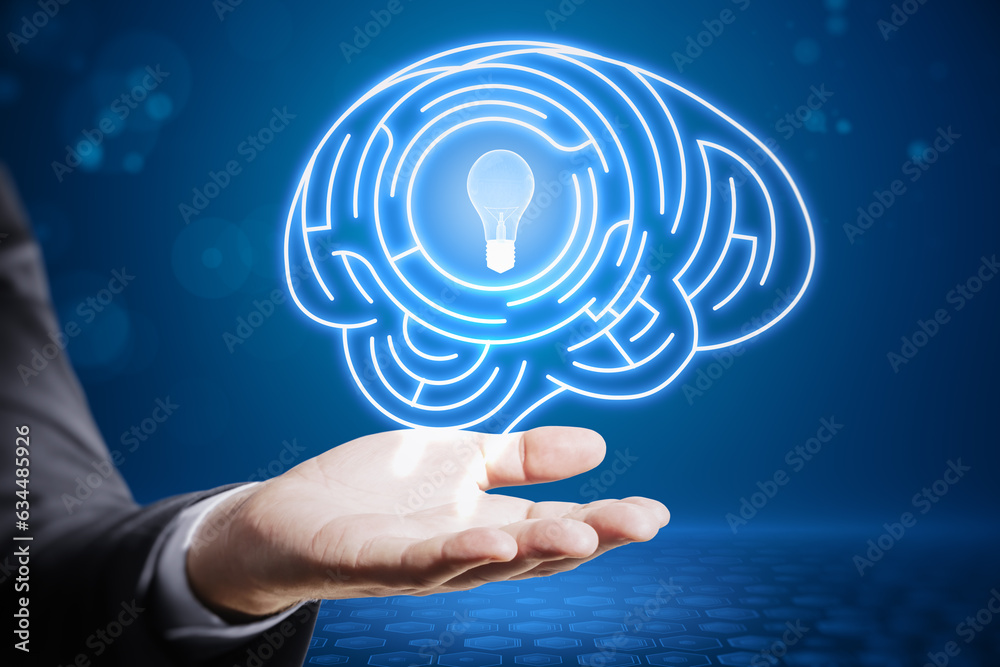 Poster creativity idea and brainstorm concept with glowing digital light bulb in labyrinth of human brain s
