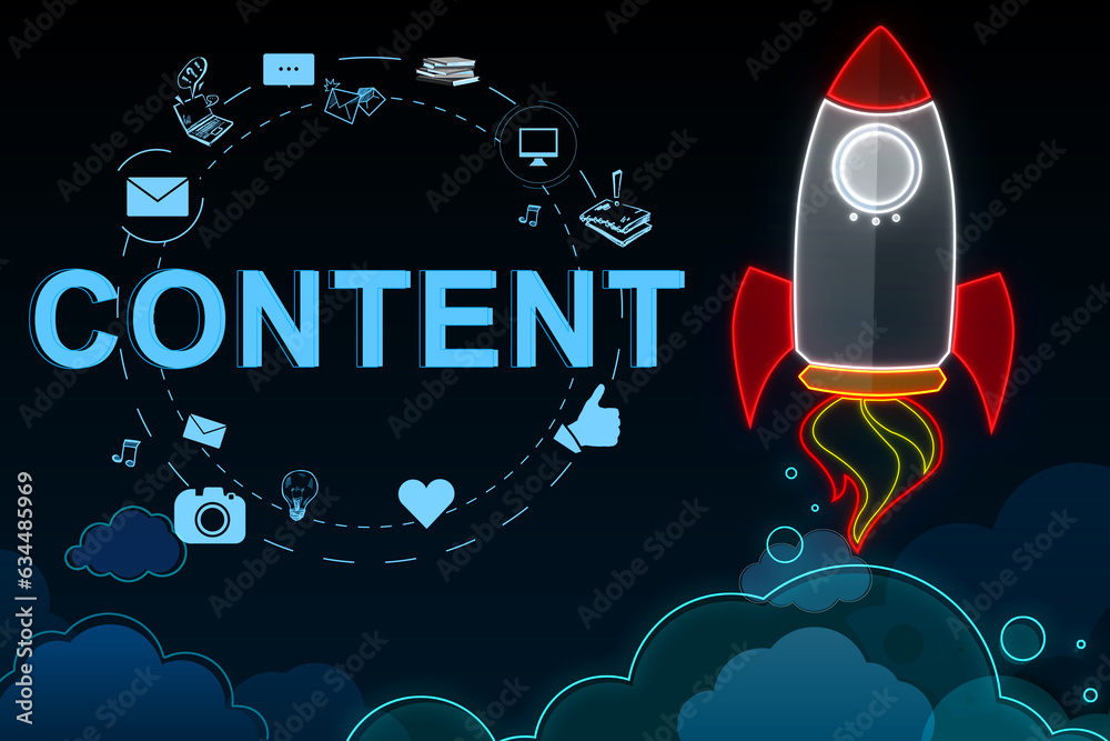 Poster Concept meaning involves creation and sharing of online material. Rocket Ship Launching New Business Startup. 3D Rendering