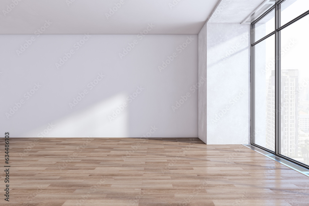Poster clean empty spacious wooden and concrete ceiling and flooring interior with mock up place on wall an