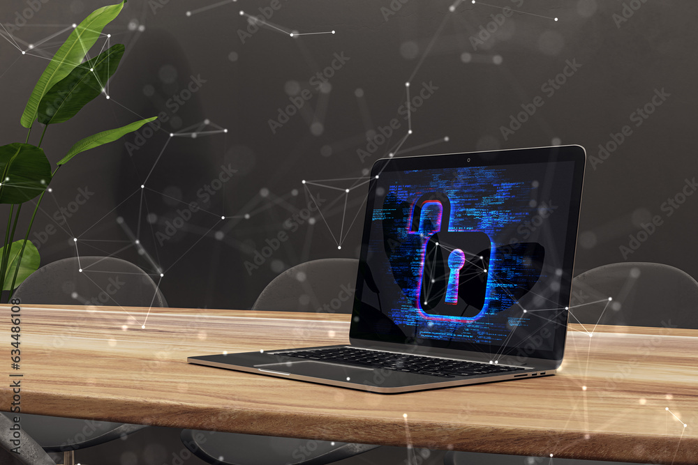 Poster close up of modern wooden designer workplace with laptop and creative polygonal digital safety holog