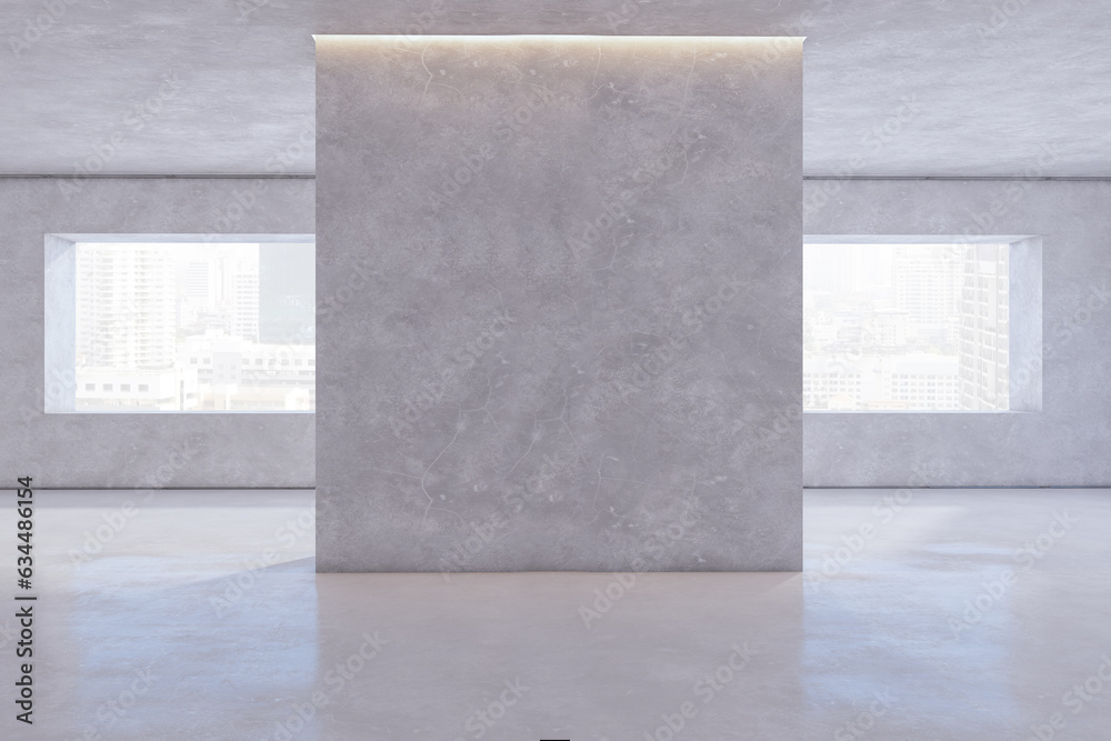 Poster modern concrete exhibition hall interior with blank mock up place on wall and window with city view.