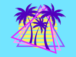 Fototapeta na wymiar 80s palm trees at sunset. Summer time. Retro futuristic sun. Synthwave and retrowave style. Design for advertising brochures, banners and posters. Vector illustration