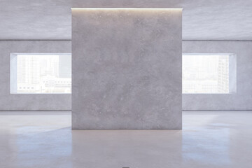 Modern concrete exhibition hall interior with blank mock up place on wall and window with city view. 3D Rendering.