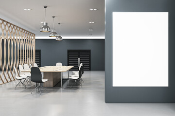 Front view of blank white poster on dark wall and empty modern coworking office interior on a background. 3D Rendering, mockup