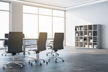 Front view of empty conference room with office desk and chairs, window with city view, white walls and concrete floor. 3D Rendering