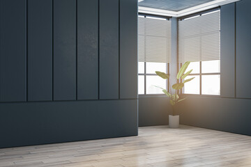 Obraz premium Empty black interior with decorative plant, window, blinds and daylight. 3D Rendering.