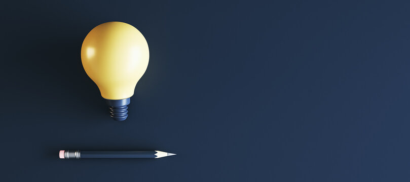 Pencil and light bulb on dark blue background. Idea concept. 3D Rendering