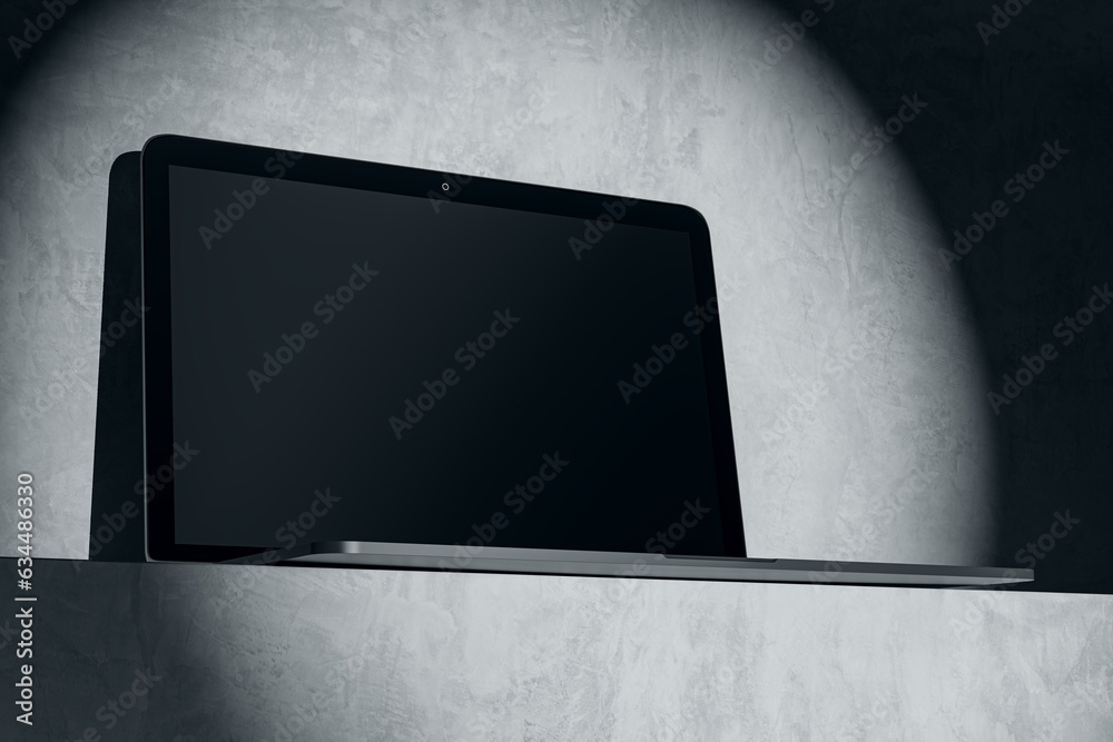 Aufkleber Close up of clean computer in spotlight. Mock up place on screen and advertisement concept. 3D Rendering.