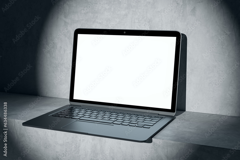 Poster Close up of blank white computer in spotlight. Mock up place on screen and advertisement concept. 3D Rendering.