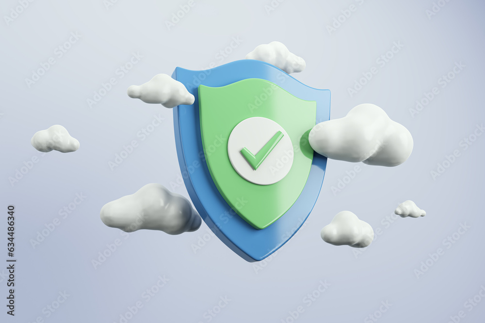 Poster Protection shield with check mark and clouds. 3d Rendering