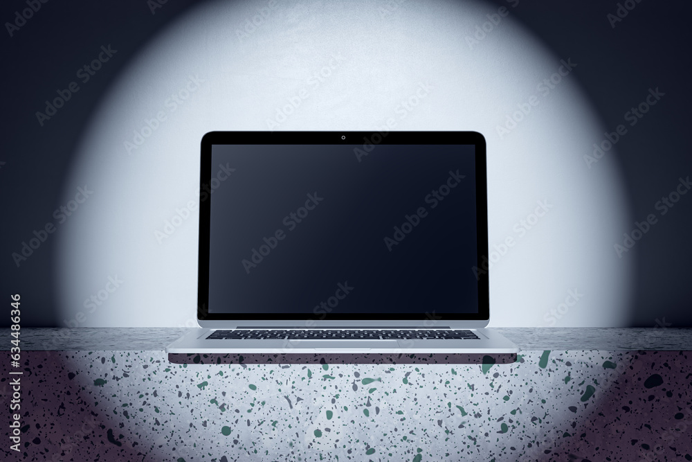 Aufkleber Close up of empty computer monitor in spotlight. Mock up place and advertisement concept. 3D Rendering.