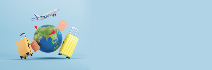 Traveler with luggage, airplane and globe on blue background. 3D Rendering