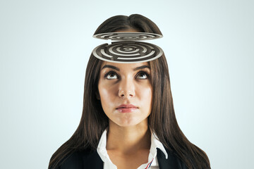 Maze of reason and psychology concept with woman head with labyrinth on light grey background
