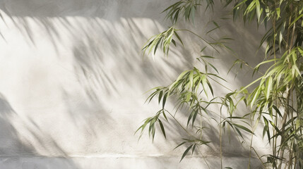 Close Up of Texture of Old, Weathered, Eroded White Stone Concrete Wall in Beautiful Foliage Dappled Sunlight of Tropical Bamboo Tree Leaf Shadow for Interior Design Decoration Material Background 3D