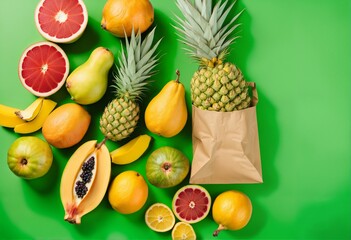 Flat lay of paper bag with fresh fruits and vegetables