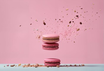 Flying macaroons with crumbs on pink background