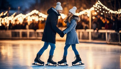 Romantic couple kissing while ice skating on winter night - Powered by Adobe