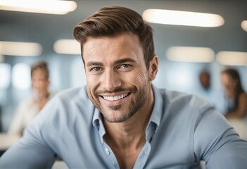 Handsome happy man sitting confidently at office desk and looking at camera