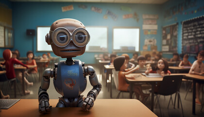 a cartoon robot standing in front of a classroom - Generative AI