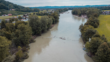 Aerial drone view of collapsed rope bridge close to Medno in Ljubljana, after heavy floods hit...