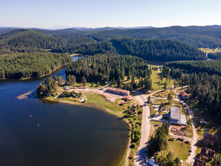Aerial Summer view of Shiroka polyana Reservoir, Bulgaria
