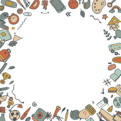 Frame made of colored stationery and school supplies on a white background. For posters and announcements. School supplies. Ready for school stuff. Back to school. Vector illustration