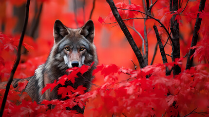 Gray wolf in the red maple forest. Stunning view. Generative AI