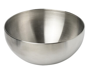 Deep stainless steel bowl on a white insulating background
