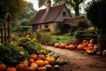a lot of pumpkins and a rustic looking dwelling, Cottagecore, England, real photography, impressionist landscapes, lush scenery, gloriousm, AI generated