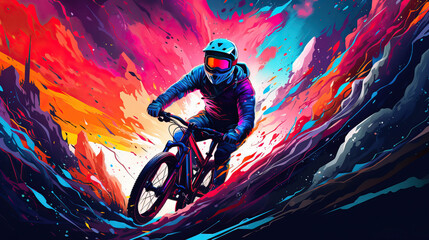 mountain biker  riding through the stream of paint - obrazy, fototapety, plakaty